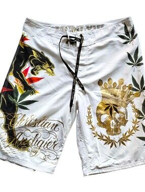 Christian Audigier White Men's Graphic Board Shorts Size 34 Panther Eagle 420